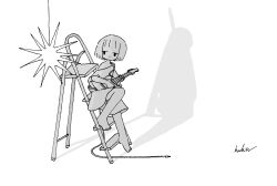  1girl absurdres barefoot commentary electric_guitar greyscale guitar highres instrument kaduise ladder monochrome on_ladder original shadow short_hair signature sitting solo star_(symbol) stepladder 