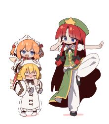  3girls absurdres ascot beret black_shoes blonde_hair blue_eyes bow braid carrying carrying_person closed_eyes collared_shirt commentary dress drill_hair fairy fairy_wings fang full_body green_skirt green_vest hair_bow hat hat_ornament headdress height_difference highres hong_meiling korean_commentary leg_up long_hair long_sleeves luna_child magg_(user_mtca8588) multiple_girls open_mouth orange_hair pants puffy_short_sleeves puffy_sleeves red_hair shirt shoes short_sleeves shoulder_carry skin_fang skirt smile standing standing_on_one_leg star_(symbol) star_hat_ornament sunny_milk touhou trembling twin_braids very_long_hair vest white_dress white_hat white_pants white_shirt wide_sleeves wings yellow_ascot 