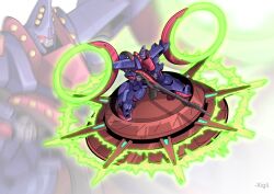  absurdres beam_rifle dual_persona energy energy_gun energy_ring english_commentary glowing gundam gylmyr highres mecha mecha_focus mobile_suit no_humans red_eyes robot science_fiction signature thrusters victory_gundam weapon zanneck zanscare zero_gravity 