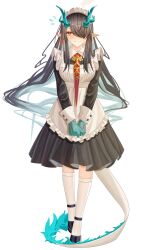  1girl absurdres airtair alternate_costume apron arknights black_dress black_hair black_shoes blue_hair blush chinese_commentary closed_mouth colored_extremities colored_inner_hair commentary_request dragon_girl dragon_horns dragon_tail dress dusk_(arknights) earrings embarrassed enmaided floating_hair flying_sweatdrops frilled_apron frills full_body hair_over_one_eye highres horns jewelry kneehighs long_sleeves maid maid_apron maid_headdress multicolored_hair necktie nose_blush one_eye_covered orange_eyes own_hands_together pleated_dress pointy_ears red_necktie shoes simple_background socks solo standing tail v_arms white_apron white_background white_socks 