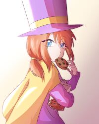  1girl a_hat_in_time blue_eyes brown_hair cape child chocolate_chip_cookie commentary cookie cookie_jar eyes_visible_through_hair food food_in_mouth from_side hair_tie hat hat_kid hat_ribbon highres holding holding_cookie holding_food holding_jar jacket jar jibung long_sleeves looking_at_viewer medium_hair ponytail purple_hat purple_jacket ribbon sidelighting sidelocks solo top_hat upper_body yellow_cape yellow_ribbon 