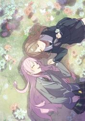  2girls absurdres artist_request bang_dream! bang_dream!_it's_mygo!!!!! black_serafuku black_shirt black_skirt brown_hair chihaya_anon chinese_commentary closed_eyes closed_mouth collared_shirt commentary_request commission facing_viewer flower grass green_necktie grey_jacket haneoka_school_uniform highres holding holding_flower holding_hands jacket long_hair long_sleeves lying multiple_girls nagasaki_soyo necktie on_back on_ground open_mouth pink_hair pleated_skirt sailor_collar school_uniform second-party_source serafuku shirt sidelocks skirt smile tsukinomori_school_uniform white_sailor_collar white_shirt yuri 
