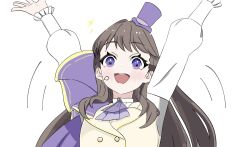  1girl :d arms_up ascot brown_hair buttons capelet commentary_request double-breasted fujishima_megumi hana_sakeba_yume_kakeru hat highres iruka_(tsukine57) jacket long_hair long_sleeves love_live! love_live!_hasu_no_sora_jogakuin_school_idol_club love_live!_hasu_no_sora_jogakuin_school_idol_club_bloom_garden_party mini_hat mini_top_hat open_mouth purple_ascot purple_capelet purple_hat shirt side_cape simple_background sleeveless sleeveless_jacket smile solo teeth top_hat upper_body upper_teeth_only violet_eyes virtual_youtuber white_background white_shirt yellow_jacket 