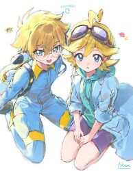  2boys absurdres ahoge backpack bag blonde_hair blue_coat blue_eyes blue_hoodie blue_jumpsuit clemont_(pokemon) clemont_(pokemon)_(cosplay) coat collared_jumpsuit cosplay costume_switch crossover fang glasses goggles goggles_on_head highres hood hood_down hoodie jett_(human)_(precure) jett_(precure) jett_(precure)_(cosplay) jumpsuit lab_coat looking_at_viewer male_focus meitantei_precure! multiple_boys nownnownn open_clothes open_coat parted_lips poke_ball poke_ball_(basic) pokemon pokemon_x_and_y precure purple_shorts round_eyewear shorts signature simple_background sitting twitter_username white_background 