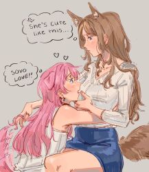 2girls anger_vein animal_ears bang_dream! bang_dream!_it's_mygo!!!!! blue_eyes blue_skirt blush brown_hair chihaya_anon closed_mouth commentary dog_ears dog_girl dog_tail earrings english_commentary english_text fox_ears fox_girl fox_tail grey_background hand_in_another's_hair heart highres hug jewelry long_hair multiple_girls nagasaki_soyo shirt simple_background skirt speech_bubble tail tail_wagging thought_bubble white_shirt xian_(nykopoi) yuri 