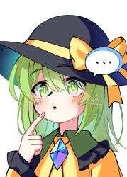  ... 1girl black_hat blush bow bright_pupils collared_shirt commentary_request frilled_shirt_collar frilled_sleeves frills green_hair hat hat_bow highres illust_atelier3 komeiji_koishi long_hair long_sleeves looking_at_viewer one-hour_drawing_challenge open_mouth pointing pointing_at_self portrait shirt signature solo spoken_ellipsis touhou white_pupils wide_sleeves yellow_bow yellow_shirt 