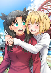  2girls absurdres arcueid_brunestud black_hair black_ribbon blonde_hair blue_eyes blush breasts closed_eyes commission english_commentary fate/stay_night fate_(series) hair_ribbon highres long_hair long_sleeves multiple_girls open_mouth red_sweater ribbon sweater teeth tohsaka_rin tsukihime turtleneck turtleneck_sweater two_side_up type-moon upper_teeth_only white_sweater you_nf 