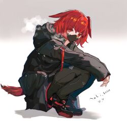  1girl arknights black_jacket black_mask commentary_request crownslayer_(arknights) full_body hood hooded_coat hooded_jacket hyena_ears hyena_girl hyena_tail jacket long_sleeves looking_at_viewer mask moli52777 mouth_mask ninja_mask red_eyes red_hair red_tail revision shoes solo squatting tiptoes 