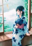  1girl bangs blue_flower blue_hair blue_kimono blunt_bangs clouds day flower hair_flower hair_ornament hairclip hand_fan hand_on_floor hiten_(hitenkei) holding holding_fan japanese_clothes kimono leaf looking_to_the_side medium_hair original paper_fan pink_flower sash sidelocks sitting solo tree wind_chime window windowsill yellow_eyes 