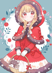  1girl animal basket blonde_hair blush bow braid capelet cat commentary_request cowboy_shot dress green_background highres holding holding_basket hood hood_up hoshifuru_akiyo little_red_riding_hood_(fairy_tale) little_red_riding_hood_(fairy_tale_character) long_hair long_sleeves parted_lips red_bow red_capelet red_dress red_eyes solo twin_braids 