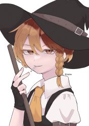  1boy absurdres arm_belt black_hat black_vest blonde_hair braid broom candy collared_shirt commentary_request fingerless_gloves food food_in_mouth genderswap genderswap_(ftm) gloves hat highres holding holding_broom kirisame_marisa lollipop lollipop_in_mouth looking_at_viewer male_focus shirt side_braid simple_background single_braid smile solo touhou twitter_username upper_body uzuki_(amayadori) vest white_background white_shirt witch_hat yellow_eyes 