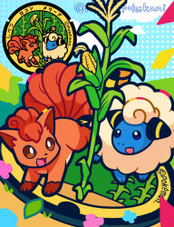  animal_focus commentary_request copyright_name corn corn_cob highres leaf mareep nikoru no_humans nostrils official_art_inset open_mouth plant pokemon pokemon_(creature) pokemon_focus reference_inset smile vulpix 
