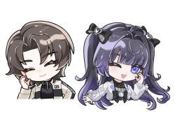  2girls black_bow blunt_bangs bow brown_hair closed_eyes closed_mouth commentary_request cropped_torso curtained_hair eleanor_si facing_viewer hair_intakes hand_up heart heart_cheeks highres inaterayukiha jacket long_hair long_sleeves looking_at_viewer love_curse:_find_your_soulmate multiple_girls one_eye_closed open_clothes open_hand open_jacket open_mouth original purple_hair short_hair simple_background smile violet_eyes white_background 
