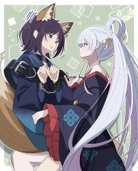  2girls animal_ears bare_shoulders black_collar black_hair blue_hair blush bound bound_wrists chain cho_kaguya-hime! collar commentary_request cuffs eighth_note forehead_jewel fox_ears fox_tail green_eyes grey_hair halterneck handcuffs highres holding holding_chain long_hair long_sleeves looking_at_another multicolored_hair multiple_girls musical_note pink_hair runami_yachiyo sakayori_iroha sasanoha_(sasanoha0712) short_hair smile star_(symbol) tail two-tone_hair very_long_hair wide_sleeves yuri 
