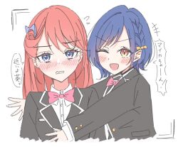  +++ 2girls :d ;d black_jacket blazer blue_eyes blue_hair blush bow bowtie clenched_teeth collared_shirt commentary embarrassed flying_sweatdrops highres hug hug_from_side iroha_(nami3) jacket kinjo_maika kurumibashi_school_uniform love_live! love_live!_hasu_no_sora_jogakuin_school_idol_club love_live!_hasu_no_sora_jogakuin_school_idol_club_bloom_garden_party multiple_girls nose_blush one_eye_closed orange_eyes red_bow red_bowtie red_hair reisawa_aoi school_uniform shirt slit_pupils smile teeth upper_body viewfinder white_shirt 