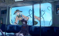  2girls black_hat blue_sky bow bowtie buttons closed_mouth collared_shirt commentary_request contemporary day diamond_button disembodied_linked_eye eyeball frilled_shirt_collar frills green_eyes green_hair green_skirt hat hat_bow heart heart_of_string highres koishi_day komeiji_koishi long_sleeves multiple_girls ocean purple_serafuku purple_shirt purple_skirt red_bow red_bowtie school_uniform serafuku shirt sitting skirt sky smile touhou train_interior vanilla_flan wide_sleeves yellow_bow yellow_shirt 