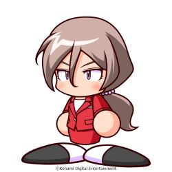  1girl artist_request black_shoes brown_hair commentary_request copyright_notice hair_between_eyes jacket jikkyou_powerful_pro_yakyuu jikkyou_powerful_pro_yakyuu_(style) katori_fuuka long_hair low_ponytail multicolored_shoes no_mouth office_lady official_art pearl_hair_ornament ponytail rayman_limbs red_jacket red_skirt sanpaku shirt shoes skirt solo suit_jacket two-tone_shoes violet_eyes white_background white_shirt white_shoes 