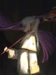  0mou_art 2girls absurdres artist_name black_robe capelet closed_mouth commentary earrings elf fern_(sousou_no_frieren) frieren from_side green_eyes highres holding holding_staff jewelry long_hair long_sleeves mage_staff multiple_girls pointy_ears purple_hair robe simple_background sousou_no_frieren staff teardrop_earrings twintails walking white_capelet white_hair white_robe 