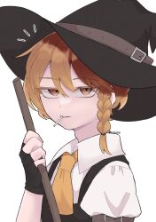  1boy absurdres arm_belt black_hat black_vest blonde_hair braid broom candy collared_shirt commentary_request fingerless_gloves food food_in_mouth genderswap genderswap_(ftm) gloves hat highres holding holding_broom kirisame_marisa lollipop lollipop_in_mouth male_focus notice_lines shirt side_braid simple_background single_braid solo touhou twitter_username upper_body uzuki_(amayadori) vest white_background white_shirt witch_hat yellow_eyes 