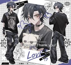  1boy absurdres arm_belt baggy_pants belt black_belt black_choker black_gloves black_nails black_shirt black_shoes blue_hair choker closed_mouth commission cross cross_necklace curtained_hair denim elbow_gloves english_text fingerless_gloves fingernails from_behind full_body gloves grid_background highres jeans jewelry looking_at_viewer medium_hair mullet multiple_views nail_polish necklace o-ring o-ring_choker original pants polaroid_photo satoinu111 shirt shoes sneakers solo stuffed_animal stuffed_toy t-shirt torn_clothes torn_jeans torn_pants wrist_belt yellow_eyes 