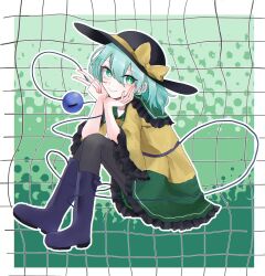  0oroshiponzu 1girl black_boots black_hat black_pantyhose boots bow buttons commentary diamond_button disembodied_linked_eye eyeball floral_print frilled_shirt_collar frilled_skirt frilled_sleeves frills green_eyes green_hair green_skirt hat hat_bow hat_ribbon highres koishi_day komeiji_koishi pantyhose ribbon rose_print shirt skirt touhou v wide_sleeves yellow_bow yellow_ribbon yellow_shirt 