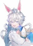  1boy ajimonster animal_ears blue_eyes blush crown edel_eckerd highres kimamani_live long_sleeves looking_at_viewer male_focus open_mouth rabbit_boy rabbit_ears shark short_hair solo stuffed_animal stuffed_toy virtual_youtuber white_background white_hair 