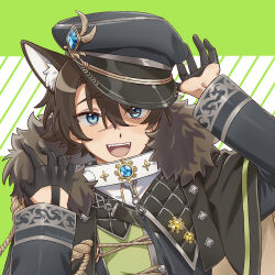  1boy :d animal_ear_fluff animal_ears black_capelet black_gloves black_hat black_jacket blue_eyes blue_gem blush brown_hair capelet chocoball0505 collar commentary_request fangs fur_shawl garu_(nu_carnival) gem gloves green_background hair_between_eyes half_gloves hands_up hat highres jacket long_sleeves looking_at_viewer nu_carnival official_alternate_costume peaked_cap portrait scar scar_on_face scar_on_nose shawl short_hair smile solo spiked_collar spikes striped_background tilted_headwear white_collar wolf_boy wolf_ears 