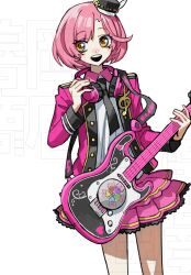  1girl ayase_naru black_hat black_necktie collared_shirt copyright_name cowboy_shot eyelashes guitar hat headphones headphones_around_neck highres holding holding_guitar holding_instrument instrument jacket long_sleeves necktie open_clothes open_jacket open_mouth pink_hair pink_jacket pink_skirt pretty_rhythm pretty_rhythm_rainbow_live pretty_series shirt short_hair skirt smile solo standing teeth treble_clef upper_teeth_only white_shirt yellow_eyes yoshioka_suke 
