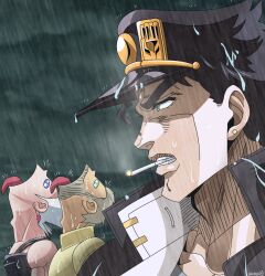  3boys anime_coloring aqua_eyes araki_hirohiko_(style) black_hair black_hat black_tank_top blue_eyes cigarette clouds commentary earrings english_commentary gakuran goku_and_vegeta_in_the_rain_(meme) grey_hair hat heart heart_earrings high_collar highres jean_pierre_polnareff jewelry jojo_no_kimyou_na_bouken joseph_joestar joseph_joestar_(old) kujo_jotaro male_focus meme mouth_hold multiple_boys official_style old old_man peaked_cap rain school_uniform shirt shrimpify131 signature smoke smoking stardust_crusaders stud_earrings tank_top tongue tongue_out wet yellow_shirt 