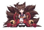  1girl amagi-chan_(azur_lane) animal_ear_fluff animal_ears azur_lane bangs black_pantyhose blunt_bangs brown_hair cameo collarbone commentary detached_sleeves eyeshadow fox_ears fox_girl fox_tail full_body hair_ornament highres kyuubi levy_(comradlevy) long_hair long_sleeves looking_at_viewer makeup manjuu_(azur_lane) multiple_tails pantyhose rope seiza shimenawa sidelocks sitting solo tail thick_eyebrows twintails violet_eyes white_background wide_sleeves 