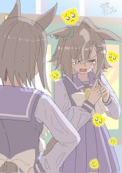  2girls ahoge air_groove_(umamusume) animal_ears blush bow breasts brown_hair closed_eyes commentary_request crying ear_bow ear_ornament emoji hair_ornament hair_over_one_eye hashikurao highres horse_ears horse_girl long_sleeves multicolored_hair multiple_girls open_mouth rulership_(umamusume) sad school_uniform short_hair streaked_hair tears tracen_school_uniform umamusume yellow_bow 