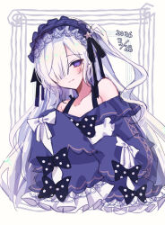  1girl bare_shoulders blue_dress blue_hairband bow commentary_request dated dress frilled_dress frills gothic_lolita hair_over_one_eye hairband highres light_smile lolita_fashion lolita_hairband long_hair looking_at_viewer mahou_shoujo_no_majo_saiban natsume_an-an polka_dot polka_dot_bow simple_background sleeves_past_fingers sleeves_past_wrists solo taimu_(htrgt_31) upper_body very_long_hair violet_eyes white_background white_hair 