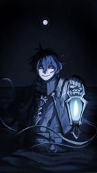  1boy absurdly_long_hair absurdres belt black_capelet black_coat black_sky blue_fire blue_hair capelet coat commentary crossed_bangs double-parted_bangs english_commentary evil_smile fire flins_(genshin_impact) floating_hair full_moon genshin_impact hair_between_eyes highres holding holding_lantern lantern long_hair male_focus moon ocean outdoors partially_submerged sky smile solo sorekesamu very_long_hair yellow_eyes 