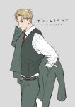  1boy blonde_hair character_name closed_mouth dressing green_pants green_vest grey_background jacket kanapy male_focus necktie open_clothes open_jacket pants red_necktie shirt signature simple_background solo spy_x_family symbol-only_commentary twilight_(spy_x_family) vest white_shirt 