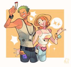  1boy 1girl bangle bare_shoulders belt blush border bracelet breasts buckle character_print charm_(object) choker cowboy_shot cropped_legs denim discooco english_commentary green_hair grin hand_up hat heart heart-shaped_buckle height_difference highres jeans jewelry jolly_roger log_pose looking_at_another medium_breasts midriff_peek monkey_d._luffy nami_(one_piece) navel one_piece open_mouth orange_hair outside_border pants parted_lips pink_belt pink_choker print_shirt roronoa_zoro shirt short_hair signature smile sparkle spoken_sparkle straw_hat straw_hats_jolly_roger tank_top white_border white_tank_top 