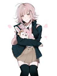  1girl breasts brown_hair brown_skirt collared_shirt danganronpa_(series) danganronpa_2:_goodbye_despair flipped_hair hair_ornament highres holding jacket long_sleeves looking_at_viewer medium_hair monomi_(danganronpa) nanami_chiaki neck_ribbon nyan_mogu open_clothes open_jacket pink_eyes pink_ribbon pleated_skirt ribbon shirt skirt smile thigh-highs two-tone_shirt white_shirt zettai_ryouiki 