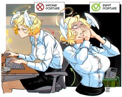  1girl absurdres angel angel_wings arrow_(symbol) ashtray black_skirt blonde_hair blue_eyes blurry blurry_background breasts button_gap cigarette collared_shirt commentary computer computer_keyboard computer_mouse computer_tower correct_gaming_posture_(meme) empty_eyes english_commentary english_text exhausted gabi_(snegovski) halo_ahoge hand_to_own_mouth head_wings highres holding holding_cigarette large_breasts looking_up meme original pantyhose pencil_skirt ragequit shirt short_hair signature sitting skirt slouching smoke smoke_trail snegovski trash_can white_shirt wings 