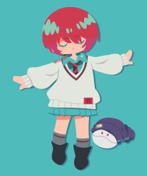  1girl amate_yuzuriha beanie black_boots black_socks blush boots closed_eyes closed_mouth commentary_request drop_shadow full_body green_background green_skirt gundam gundam_gquuuuuux hair_between_eyes haro hat long_sleeves necktie no_lineart outstretched_arms pleated_skirt red_hair red_necktie rizu_(rizunm) robot short_hair simple_background skirt socks spread_arms standing striped_clothes striped_necktie sweater twitter_username white_sweater 