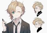  1boy accordion blonde_hair blue_eyes earrings formal heridy holding holding_phone instrument jewelry long_sleeves looking_at_viewer male_focus matome_(heridy) mole mole_under_eye one_eye_closed original otoko_no_ko phone short_hair shorts solo stud_earrings suit sweater 