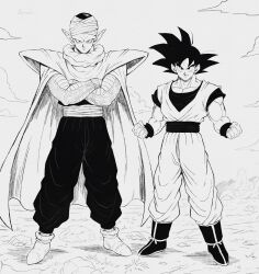  2boys alien artist_name baggy_pants biceps black_hair boots cape clenched_hands closed_mouth clouds commentary crossed_arms dougi dragon_ball dragon_ball_z english_commentary fingernails full_body furrowed_brow greyscale highres legs_apart looking_at_viewer male_focus medium_hair monochrome multiple_boys muscular muscular_male namekian outdoors pants pants_tucked_in pectorals piccolo pointy_ears rock sash serious shirt shoes smirk son_goku spiky_hair standing straight-on straight_hair sydoria turban waist_sash wristband 