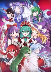  6+girls @_@ absurdres black_hair blue_hat blush capelet closed_eyes closed_mouth collared_dress commentary_request crescent cross dress front_ponytail gohei green_eyes green_hair grey_hair hair_over_one_eye hakurei_reimu hakurei_reimu_(pc-98) hat highres holding holding_gohei holding_staff holding_umbrella holding_wand horns kagiyama_hina kazami_yuuka kazami_yuuka_(pc-98) kirisame_marisa kirisame_marisa_(pc-98) konngara_(touhou) long_hair long_sleeves looking_at_viewer looking_back magic mima_(touhou) multiple_girls open_mouth purple_dress purple_hair purple_hat red_capelet red_dress red_eyes red_hair red_horns red_skirt red_vest sariel_(touhou) single_horn skirt smile soooooook2 staff touhou touhou_(pc-98) umbrella very_long_hair vest violet_eyes wand wide_sleeves witch_hat 