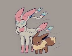  blue_eyes bow bright_pupils brown_eyes closed_mouth cosmiclilac03 eevee english_commentary highres no_humans pokemon pokemon_(creature) pokemon_focus ribbon simple_background standing sylveon white_pupils wind 