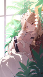  1girl animalization bang_dream! bang_dream!_it's_mygo!!!!! blanket blush brown_hair chinese_commentary commentary_request detached_sleeves grey_eyes highres kaname_raana long_hair long_sleeves nagasaki_soyo parted_lips pink_shirt plant raana_the_cat shirt yun_cao_bing 