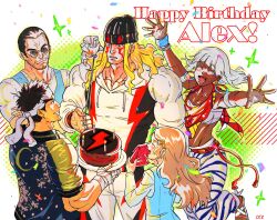  2girls 3boys alex_winger animal_print bandaged_hand bandages beanie birthday birthday_cake black_hair blonde_hair bracelet brown_hair cake candle cez chocolate_cake closed_eyes dark-skinned_female dark_skin earrings elena_(street_fighter) facial_hair food fork hand_wraps happy_birthday hat headband highres holding holding_cake holding_food hood hoodie hoop_earrings jewelry long_hair multiple_boys multiple_girls muscular muscular_male open_mouth patricia_(street_fighter) ryu_(street_fighter) sarashi short_hair smile street_fighter street_fighter_6 sunglasses tom_(street_fighter) white_hair white_headband 