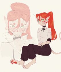  1girl :< alien animal_feet animal_nose argemia_(voices_of_the_void) black_choker choker commentary_request digitigrade green_eyes hair_between_eyes highres invisible_chair looking_at_viewer pawpads ponytail red_hair russian_commentary short_eyebrows signature sitting sketch sleeve_cuffs slit_pupils solo tail voices_of_the_void whiskers xxxanchk 