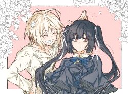  1boy 1girl black_capelet blush border bow bowtie brown_eyes capelet commentary_request flower greyscale grin honma_misuzu long_hair looking_to_the_side monochrome mydandeliongirl natsume_kei_(sakura_no_uta) outside_border petals pink_background sakura_no_toki sakura_no_uta shirt short_hair smile twintails upper_body white_border white_hair white_shirt 