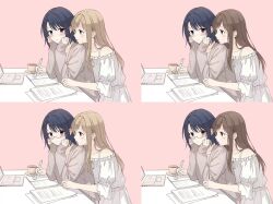  2girls adachi_sakura adachi_to_shimamura black_hair blue_eyes blush brown_cardigan brown_eyes brown_hair cardigan chinese_commentary closed_mouth commentary_request commission computer cup drawing_(action) dress glasses highres holding holding_pen laptop multiple_girls off-shoulder_dress off_shoulder paper parted_lips pen pink_background saucer second-party_source semi-rimless_eyewear shimamura_hougetsu simple_background smile teacup under-rim_eyewear variations white_dress yuri 