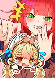  2girls @_@ absurdres alice_thymefield animal_ears blonde_hair blush braid cardigan chibi commentary_request embarrassed green_eyes green_skirt hair_ornament hand_to_own_mouth heterochromia highres lifting_person long_hair looking_at_viewer mini_person minigirl multiple_girls open_mouth pianissimov235 pink_background rabbit_ears rabbit_girl red_eyes red_hair shirt simple_background skirt smile smug sphere_hair_ornament tears twin_braids twintails ukinami_yuzuha white_shirt yellow_eyes zenless_zone_zero 