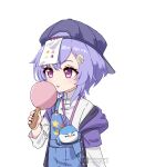  1girl absurdres asiri_senpai bag bangs baseball_cap braid casual chinese_clothes coin_hair_ornament commentary english_commentary food genshin_impact hair_between_eyes hair_ornament handbag hat highres holding ice_cream ice_cream_cone licking long_hair long_sleeves looking_away low_ponytail official_alternate_costume ofuda purple_hair qiqi_(genshin_impact) shorts sidelocks simple_background single_braid solo suspender_shorts suspenders 