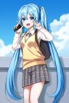  1girl :d absurdres backpack bag bangs blue_eyes blue_hair blue_sky bow bowtie clouds collared_shirt grey_bow grey_bowtie grey_skirt hair_between_eyes hatsune_miku highres holding ille_(xcpa7325) long_hair long_sleeves miniskirt plaid plaid_bow plaid_bowtie plaid_skirt school_uniform shiny shiny_hair shirt skirt sky smile solo standing sweater sweater_vest twintails v very_long_hair vocaloid w white_shirt wing_collar yellow_sweater 
